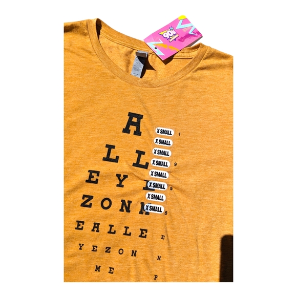 90's Experience Womens "All Eyes On Me" Eye Chart Mustard Cropped Crewneck Tee - Picture 2 of 5